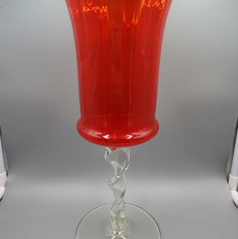 Mid Century Empoli Ribbed Red Orange Twisted Stem 13"